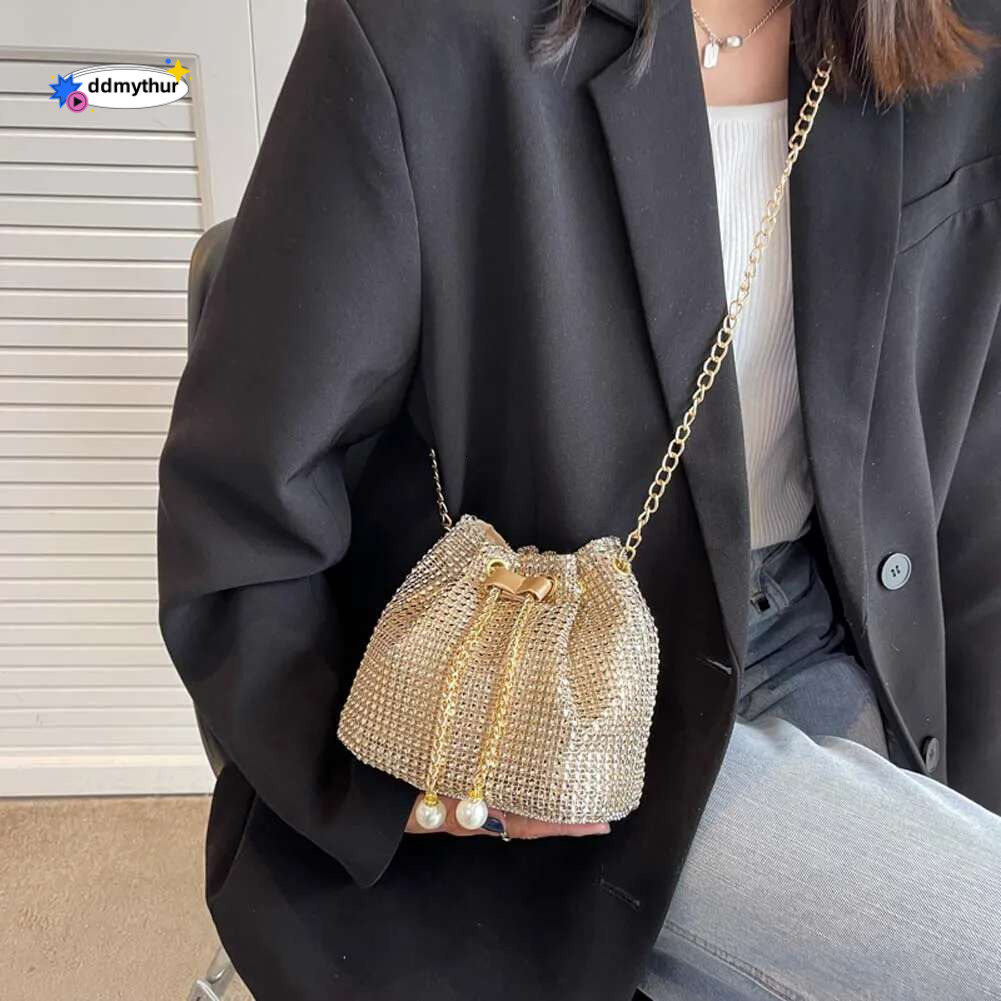 Women Chain Crossbody Solid Color Rhie Fashion Bucket Drawstring Glittering Satchel Female Dating Bag ddmythur