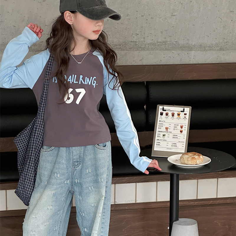 Ddmyshoesvip Girls Bottom Shirt New Girl S Large Color Blocked Long Sleeved T Shirt Children S Spring Korean Short Top