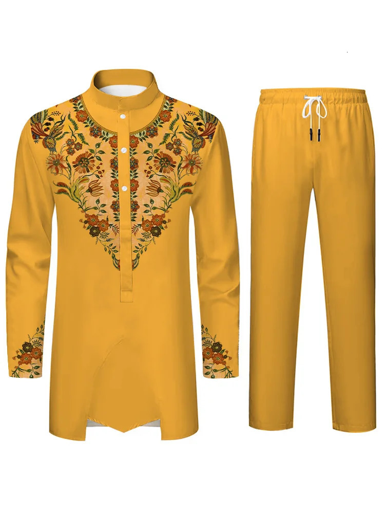Islamic mens long sleeved pants set with 3D printed patterns clothing Muslim twopiece daily 250409