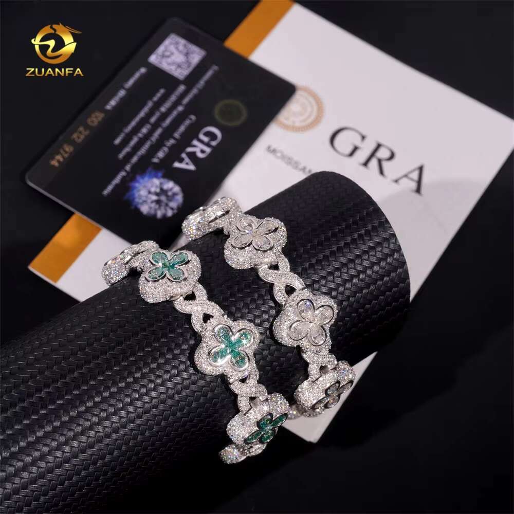 New Style Clover Infinity Pear Shape Blue Green Moissanite Diamond 925 Sterling Silver Mens Bracelet