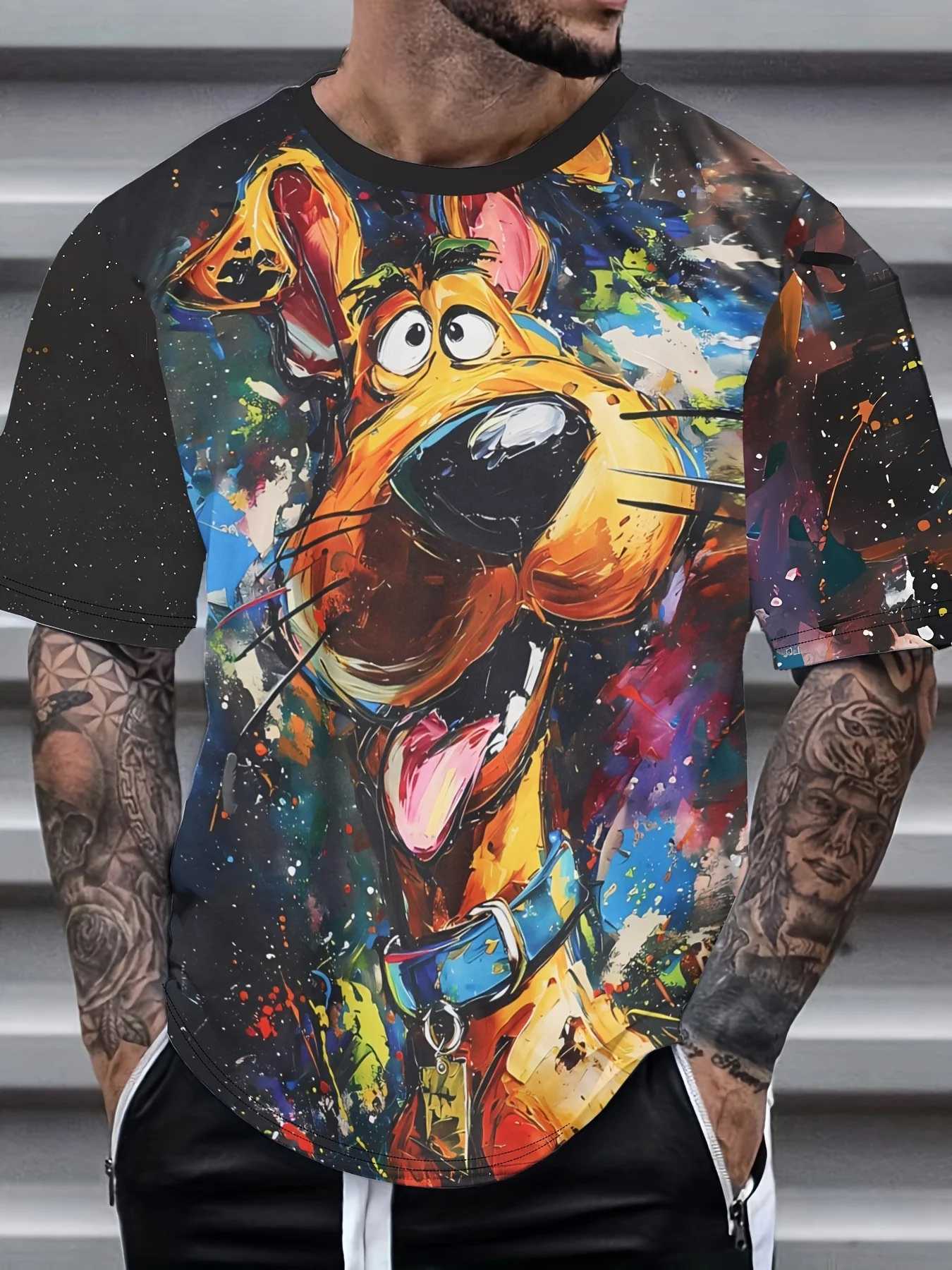 Interesting mens T-shirt cartoon dog print zipper summer casual short sleeved T-shirt fashionable outdoor mens oversized clothingXJ250409