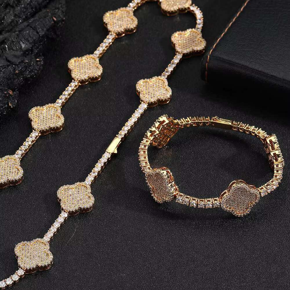 Luxury Jewelry 3mm 4mm Four Leaf Clover Design Moissanite Diamond Tennis Chain Necklace Bracelet