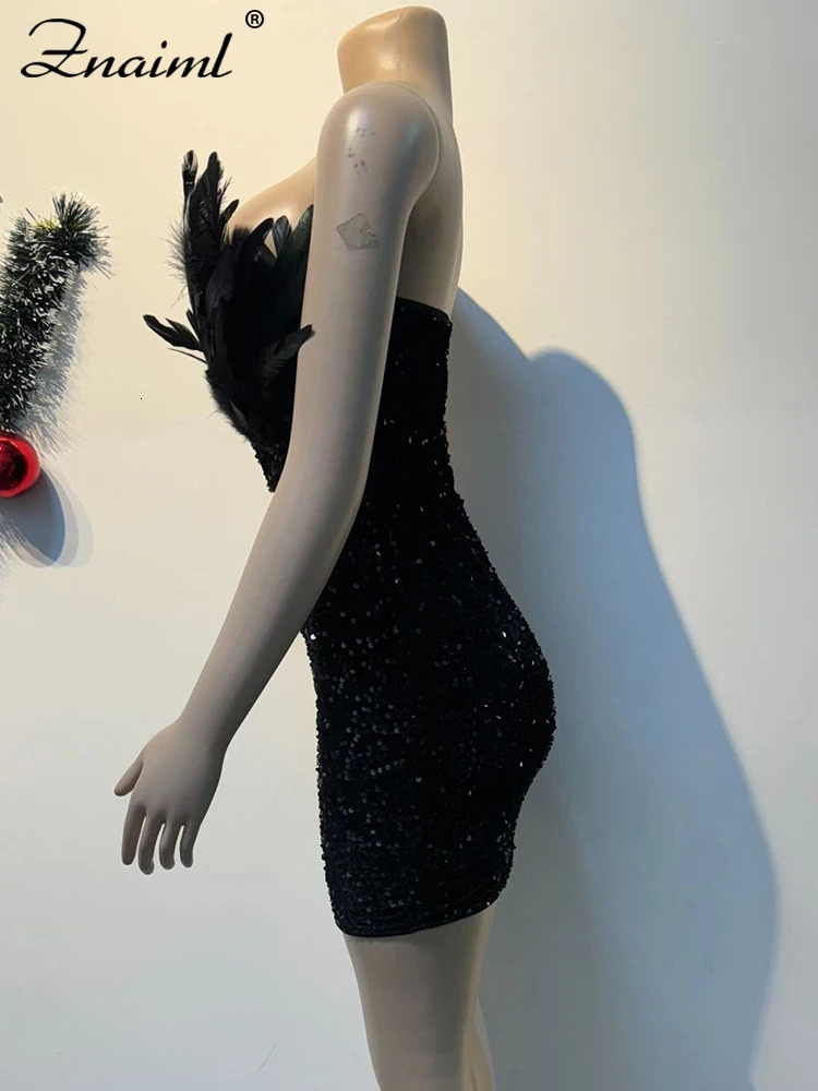 Znaiml y Birthday Womens Feather Sparkle Strapless Deep Vneck Black Tight Mini Dress Sexy Club Party Night Dance 250409