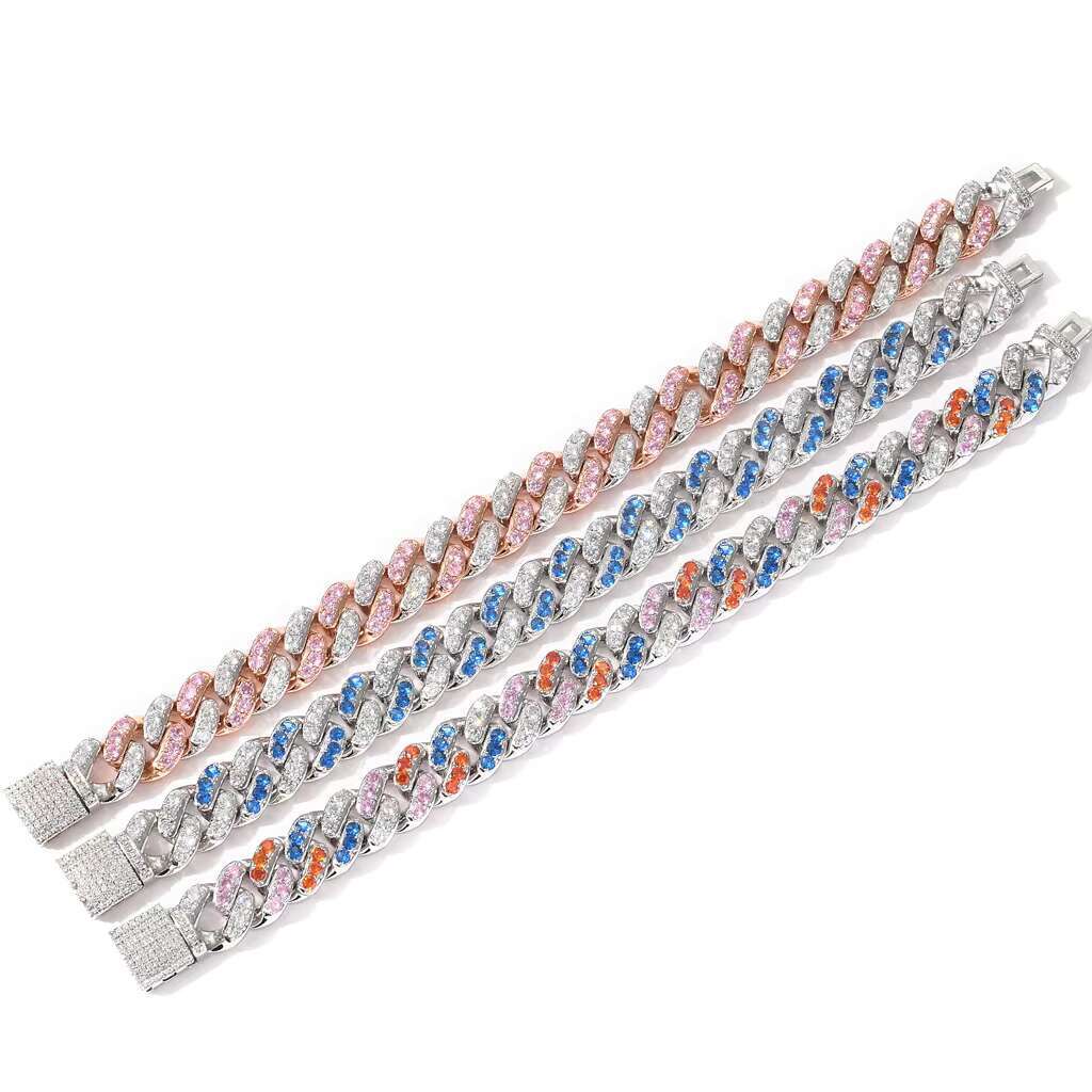 Colorful Rainbow Pink White CZ Miami Cuban Link Chain Hip Hop Iced Out Diamond Bracelet Fashionable Jewelry