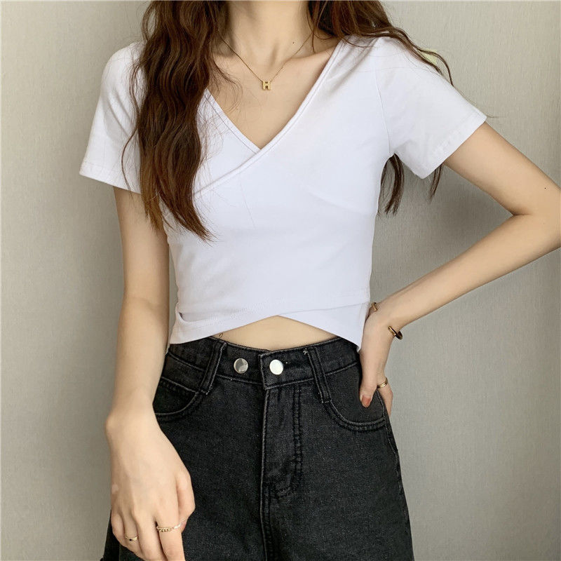 2025S Designer Women S T Shirt Summer New Design Cross Versatile Slim Fit Sleeve T Shirt Korean Short Solid Color Top For Women