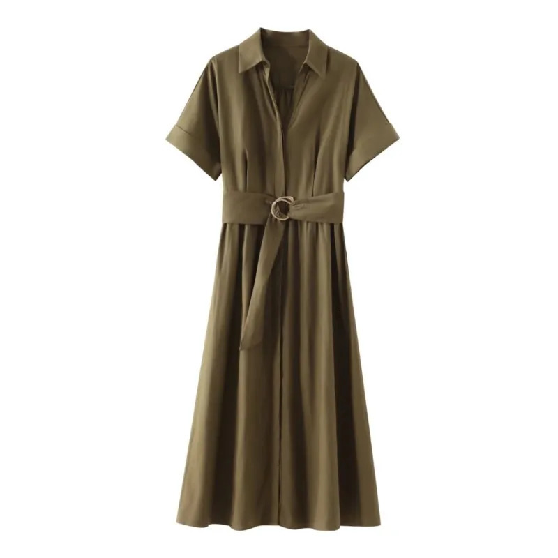 Midi shirt style womens summer two choices sexy slim fit linen blend casual button waist belt long skirt 250409