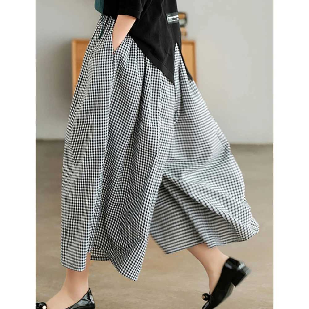 Spring 2025 ElePlaid pants womens dress thin cotton linen wide leg Trouser womens high waisted sports pants Baggy jogging pantsXJ250403