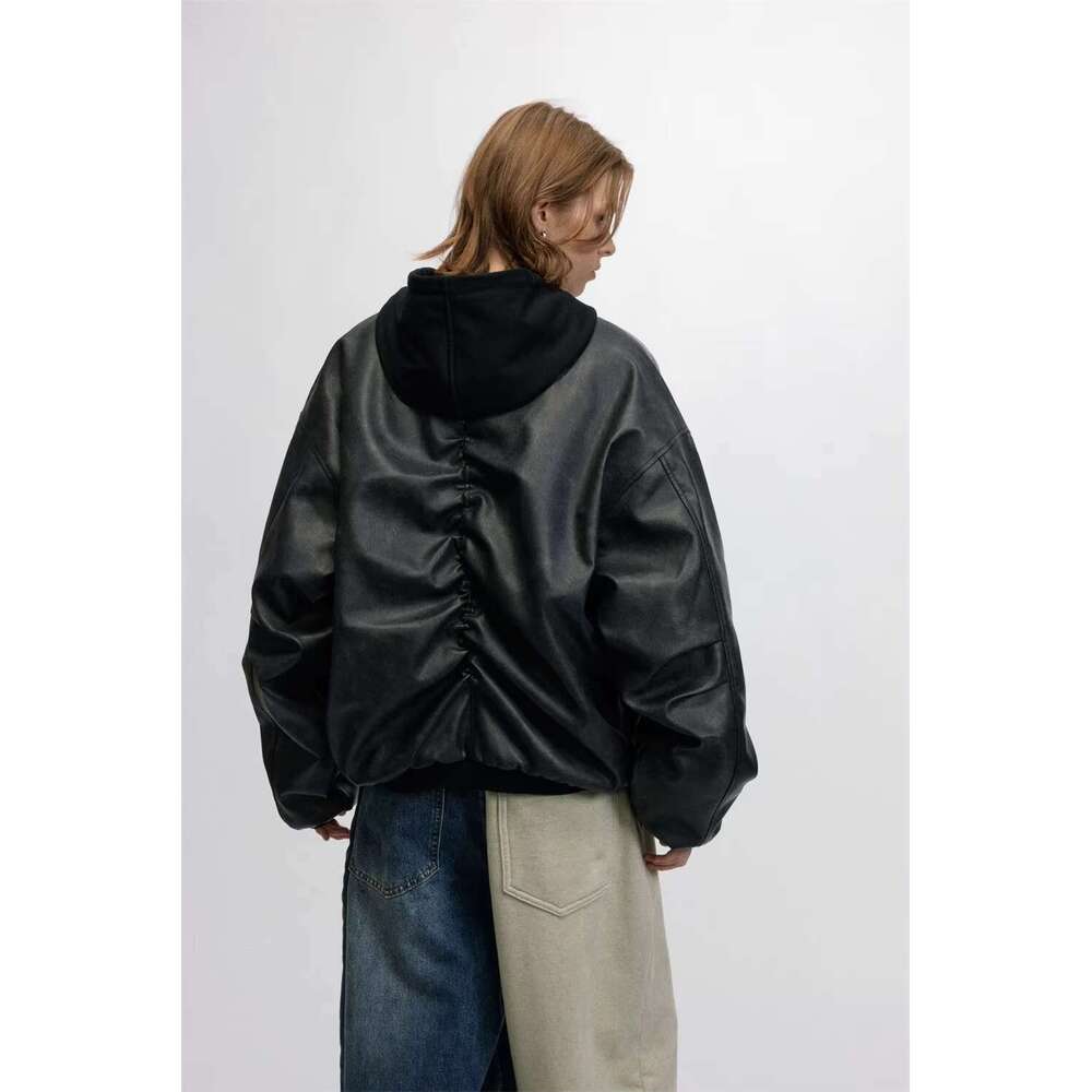 Letter Embroidery Pleated Quilted Jacket Mens High Street Autumn Winter Spliced Hooded Long Sleeve Thick Outerwear Men