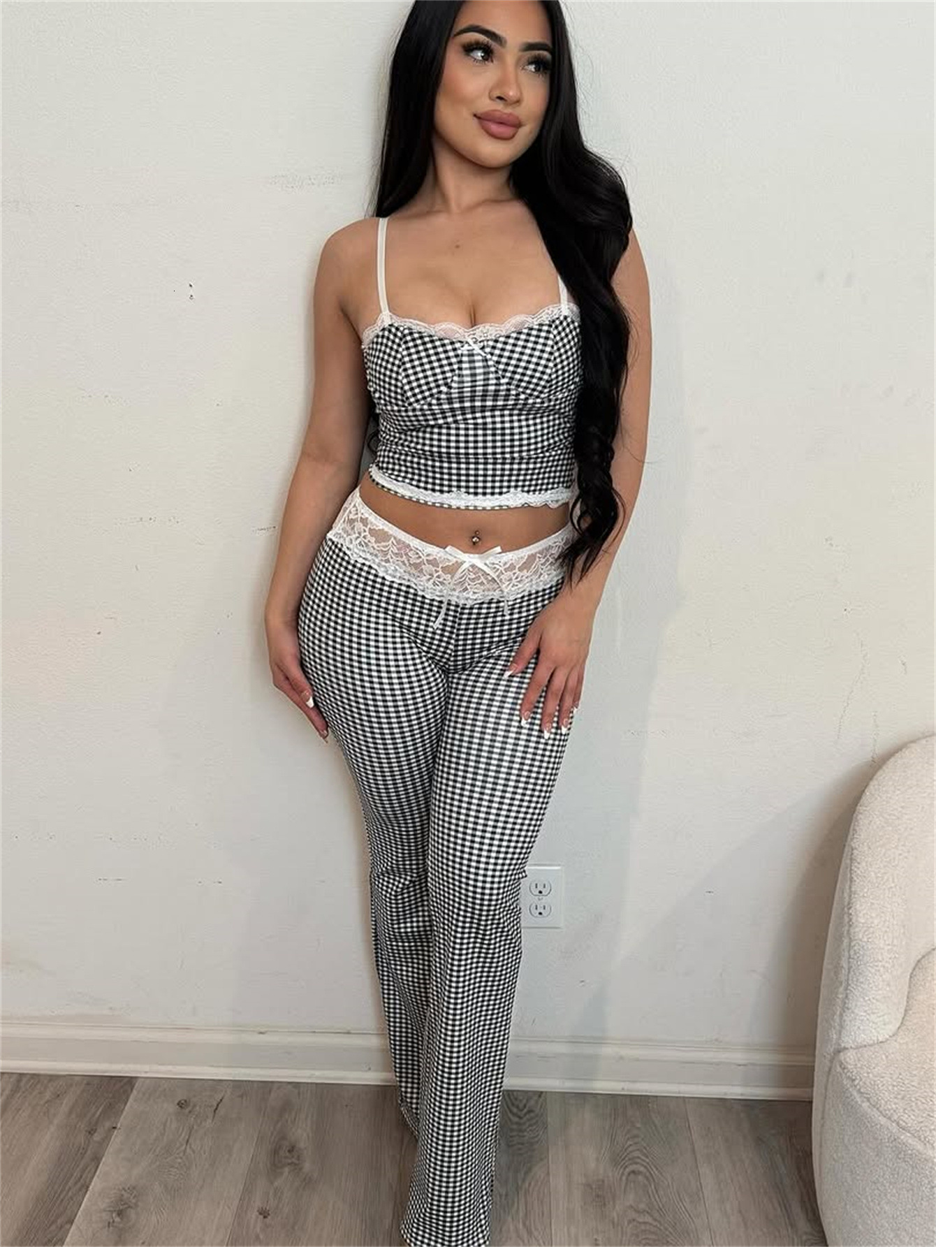 2025S Designer Women S Set Summer Sexy Checkered Printed Umbilical Top With Lace Strap Up Waist Pants Set For Women