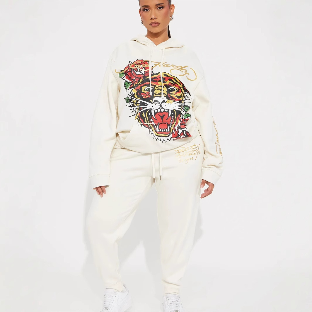 2025S Designer Women S Set New Fashionable Printed Casual Loose Sports Style Hooded Sweatshirt With Tie Up Pants Set For Women