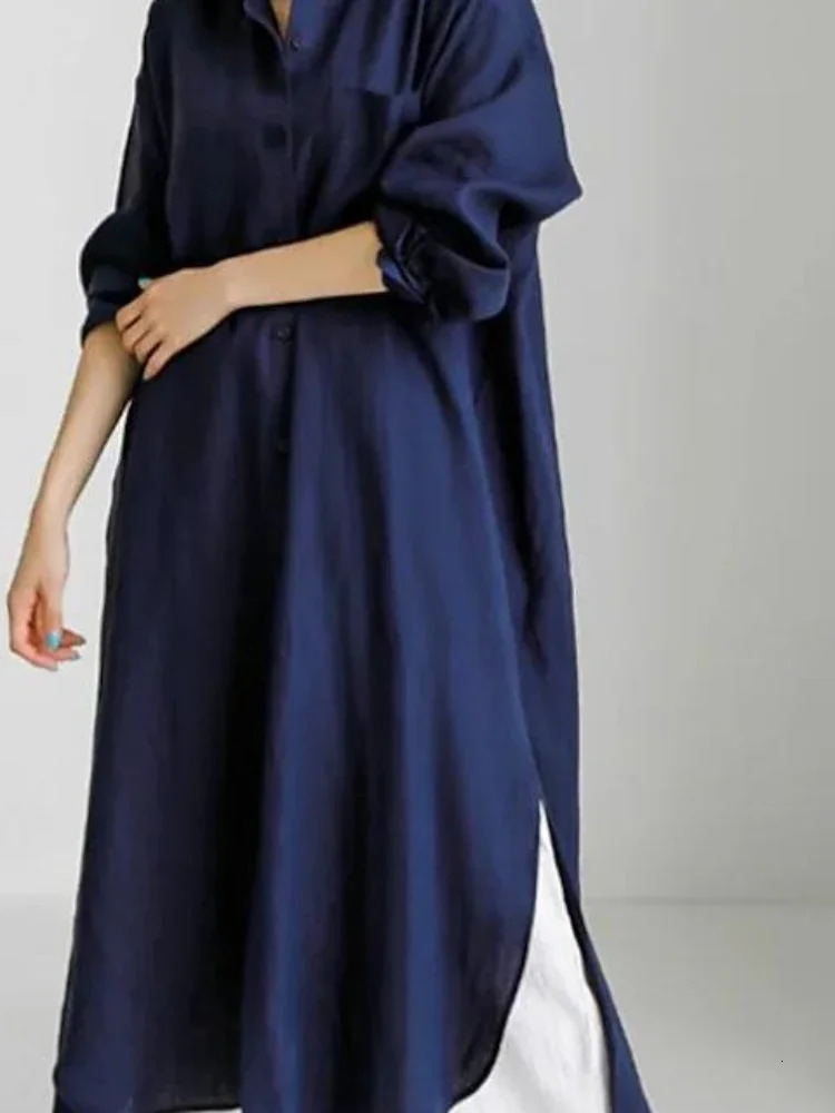 Summer fashion womens cotton linen dress elegant loose irregular open top single chest fashionable long sleeved 250409