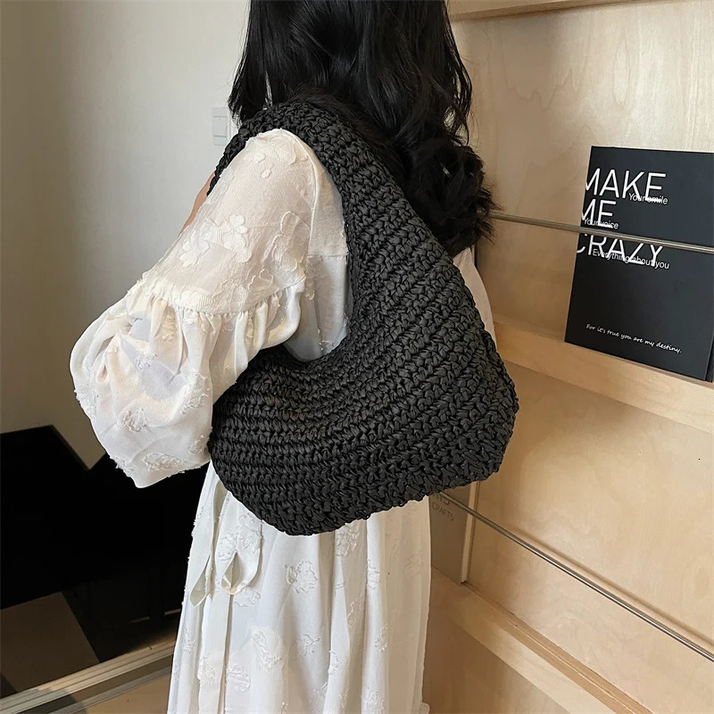 Fashion Casual Straw Woven Half Moon Shoulder Bags Large Capacity Summer Essential Trendy Handbags for Women 250408