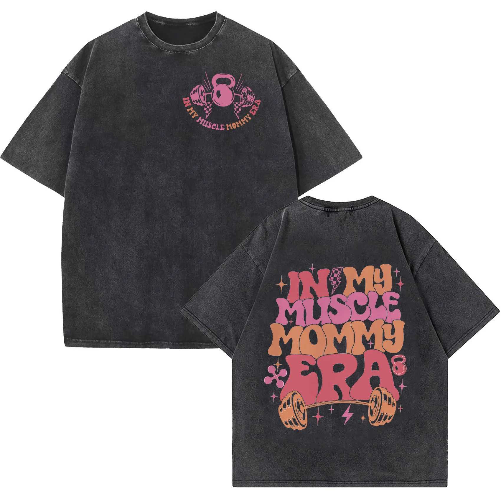 Fun muscle mom gym retro wash T-shirt mens fashion O-neck short sleeved T-shirt casual 100% pure cotton oversized T-shirtXJ250409