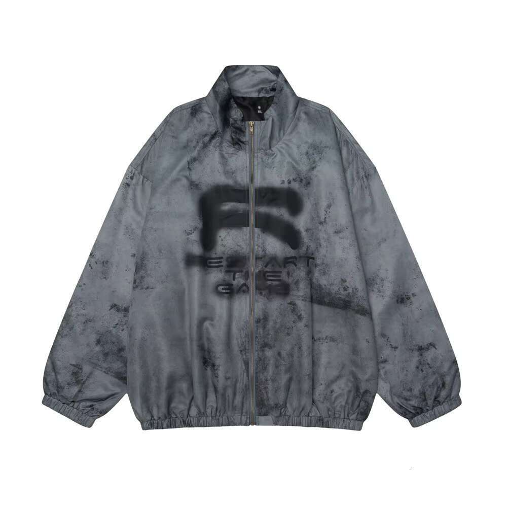 Letter Print Stand Collar Jacket Mens High Street Autumn Winter Long Sleeve Loose Zipper Fly Outerwear Men