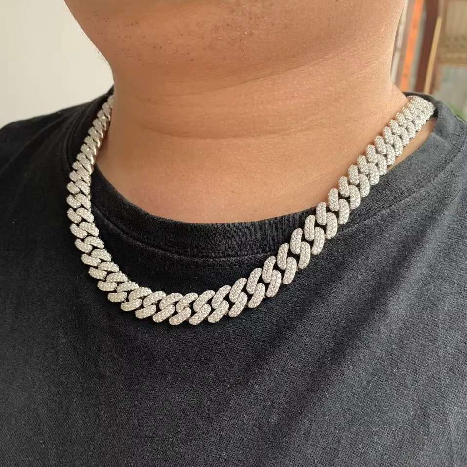 12mm Pass Diamond Tester 925 Sterling Silver Full VVS Moissanite Iced Out Cuban Chain Link Necklace Men Women Neck Jewlery