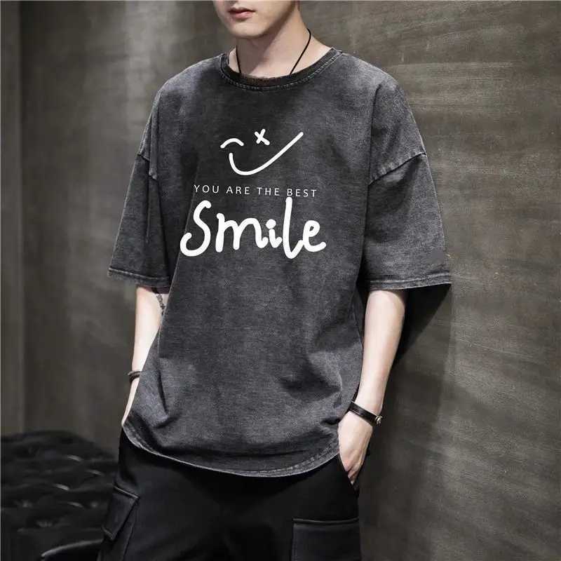 Wash vintage American mens and womens summer T-shirts cotton crew collar breathable and comfortable top suitable for daily wearXJ250409