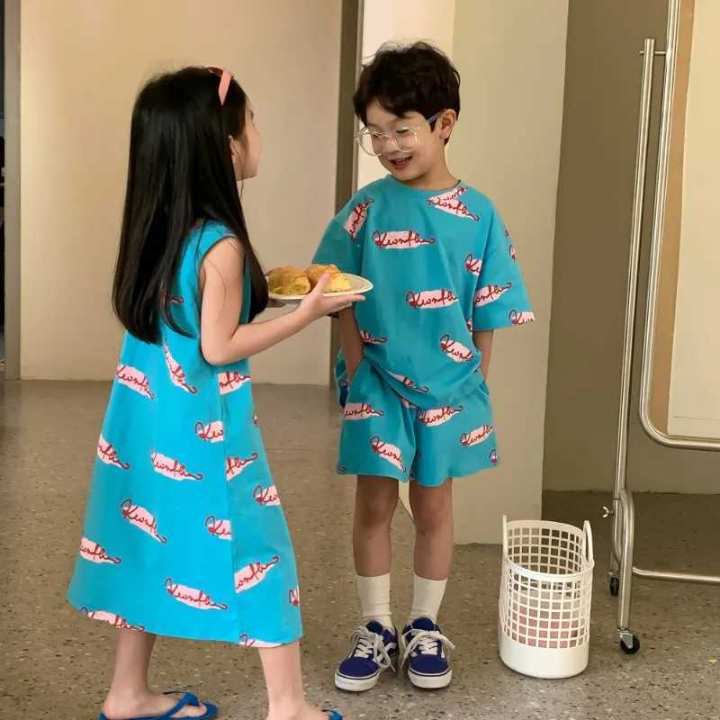 Family Brothers and sisters Clothing Summer Letter Graffiti Short Sleeve T-shirt/Short Sleeve Set O-Neck Tank Top Dress Childrens Clothing H2023 S2548