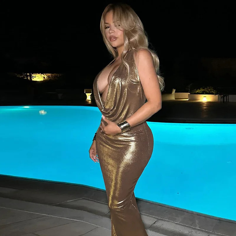Metallic Gilding Bodycon Maxi Party Dress Womens Sexy Vneck Sleeveless Lace Backless Club Long Birthday 250409