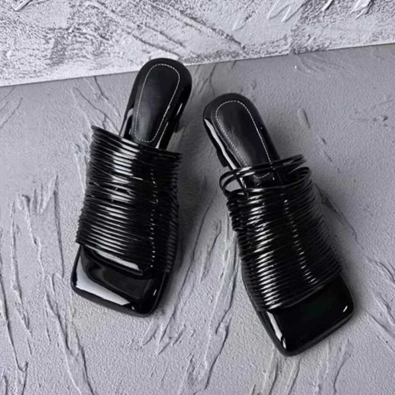 New Arrival Square Toe Stiletto High Heels Womens Summer Shiny Solid Color High Heels Casual Half Slip Shoes Womens Designer Sandals T250409