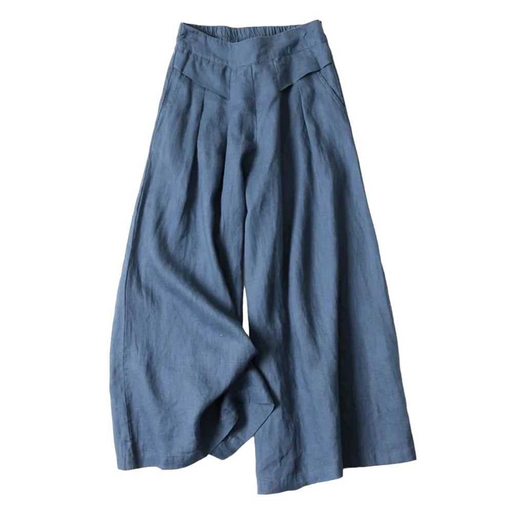 Womens summer pants cotton linen oversized wide leg pants womens artistic style elastic waist solid casual loose pantsXJ250403