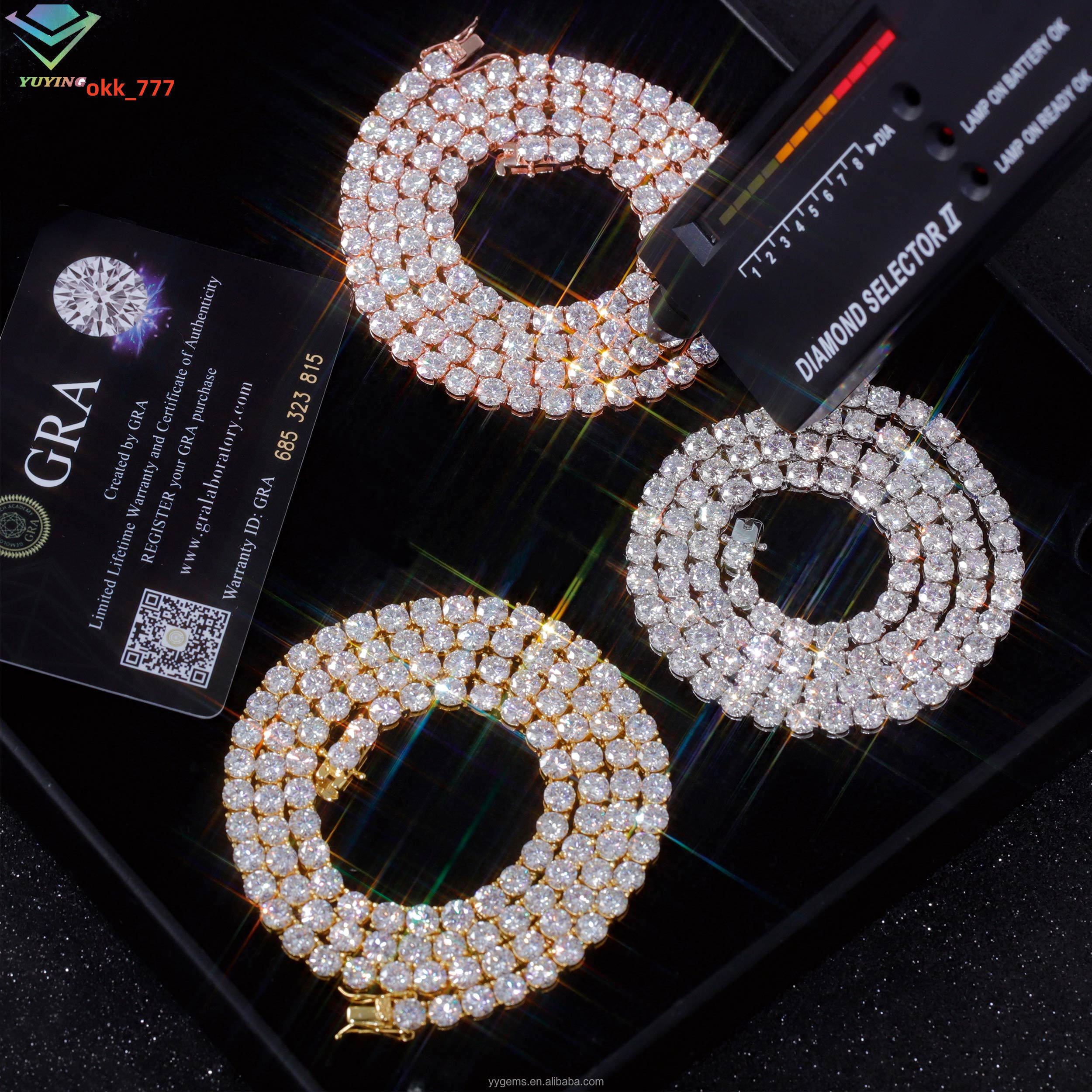 GRA Certificates Stock 2mm 3mm 4mm S925 White Gold Plated Hip Hop Jewelry D Color Moissanite Diamond Tennis Chain Bracelet Men