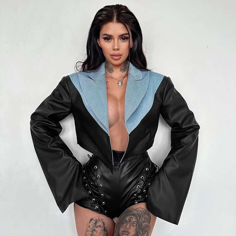 CUTENOVA Autumn Cardigan Sexy Short Jacket Flip Collar Denim and Leather Patch Workwear Top Womens Casaul 250409