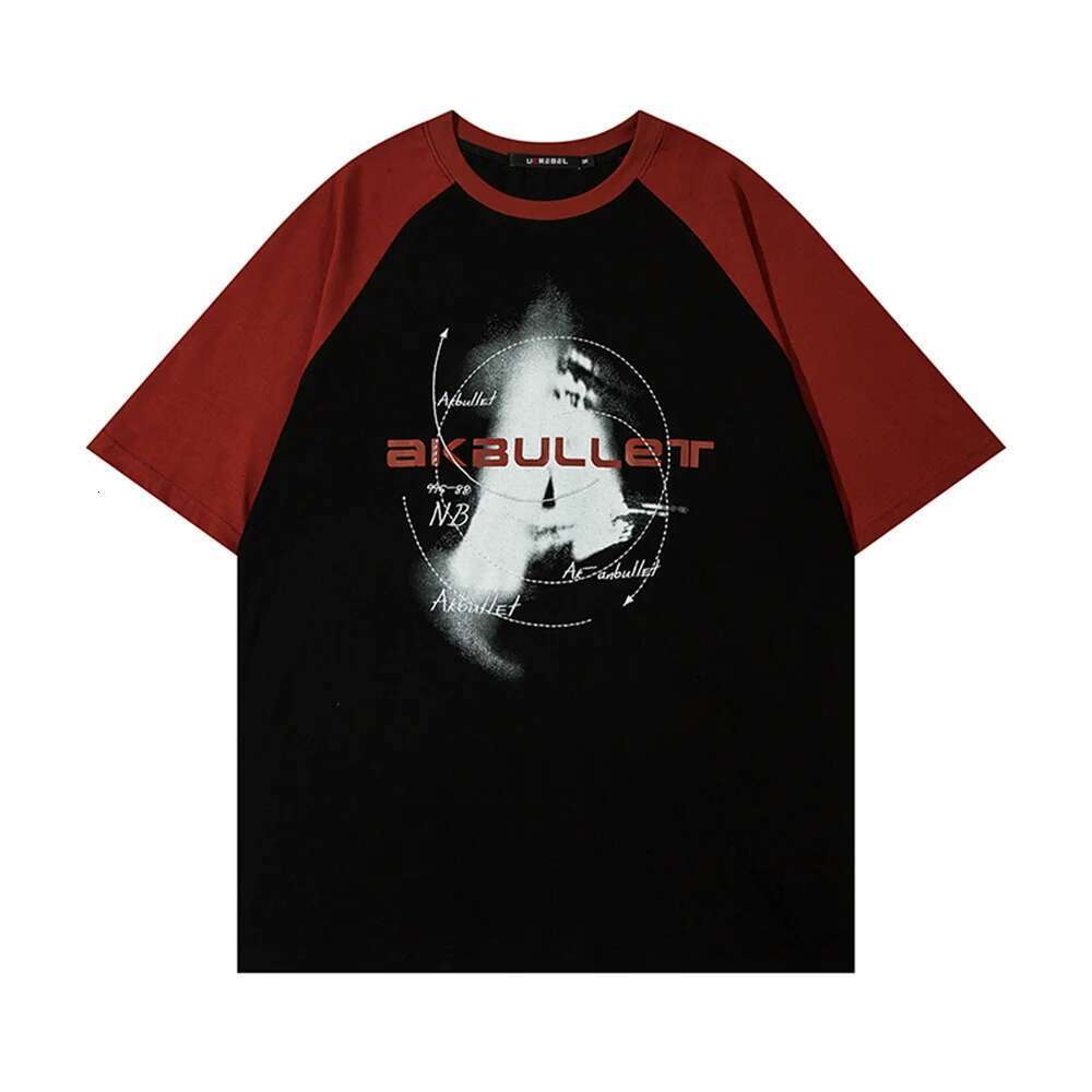 Contrast Paneled Short Sleeve T-Shirt Mens Summer Streetwear Round Neck Cotton Tee Loose Casual Print Half-Sleeve Clothes Men