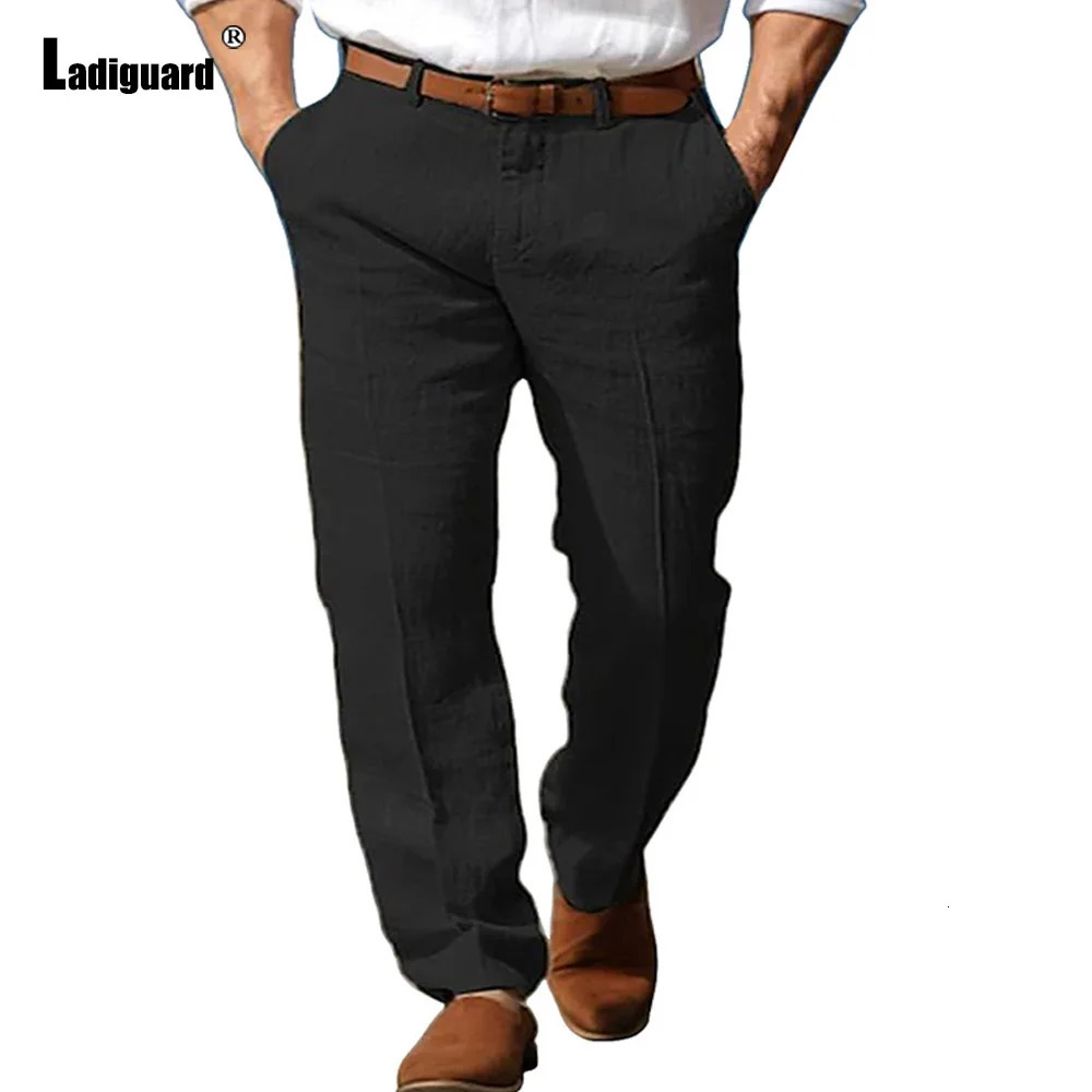 Mens Stand Pockets Cotton Linen Pants Solid Light Gray Ankle-Length Trouser Plus Size Mens Casual Beach Straight pants 250408