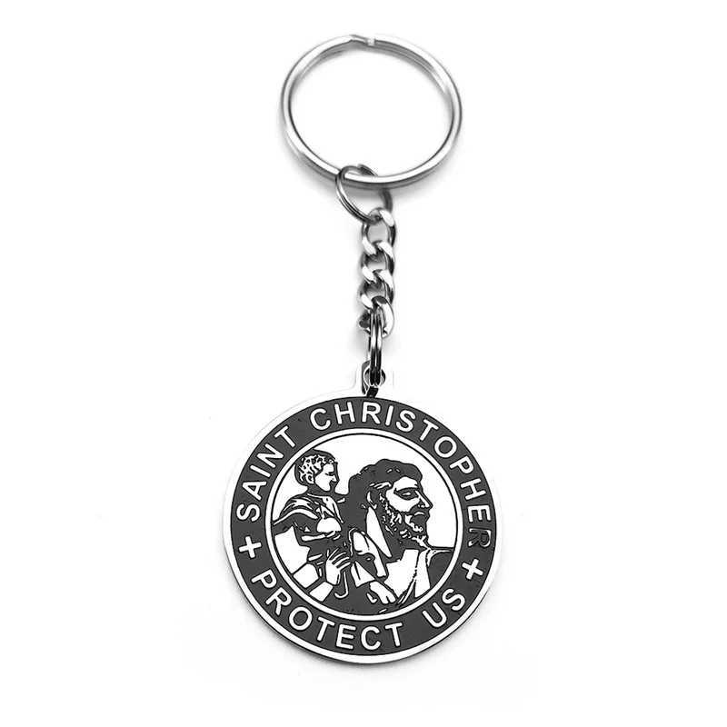 St. Christopher Protect Us Womens Medal Keychain Mens Stainless Steel Orthodox Angel Catholic Keychain Jewelry GiftXJ250409