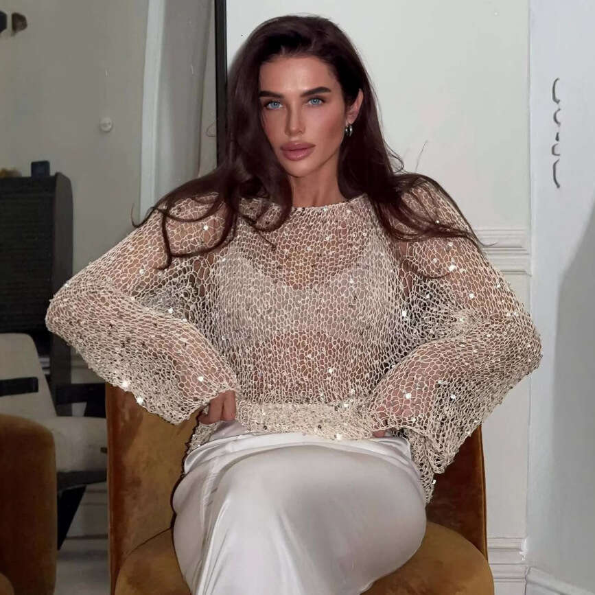 Fashion Women's Sequin Pullover Round Neck Long Sleeve Top Versatile Casual Hollow Knitted Sweater spring coat women