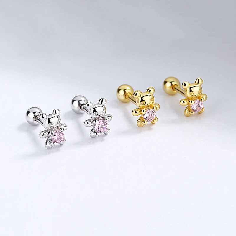 INZATT Real 925 Sterling Silver Zircon Bear Piercing Screw Ball Stud Earrings for Women Cute Animal Fine Jewelry Accessories Z250408