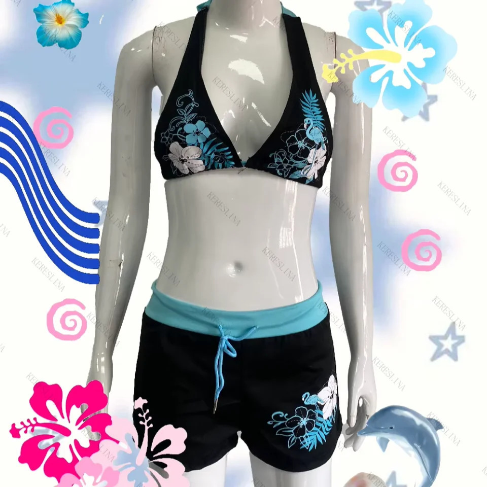 Vintage Flower print Cutie 2 set Bikini 2000s Swimsuit Sexy Women Bathing Fashion Halter Strap Swimwear High Street Beach Female 250408