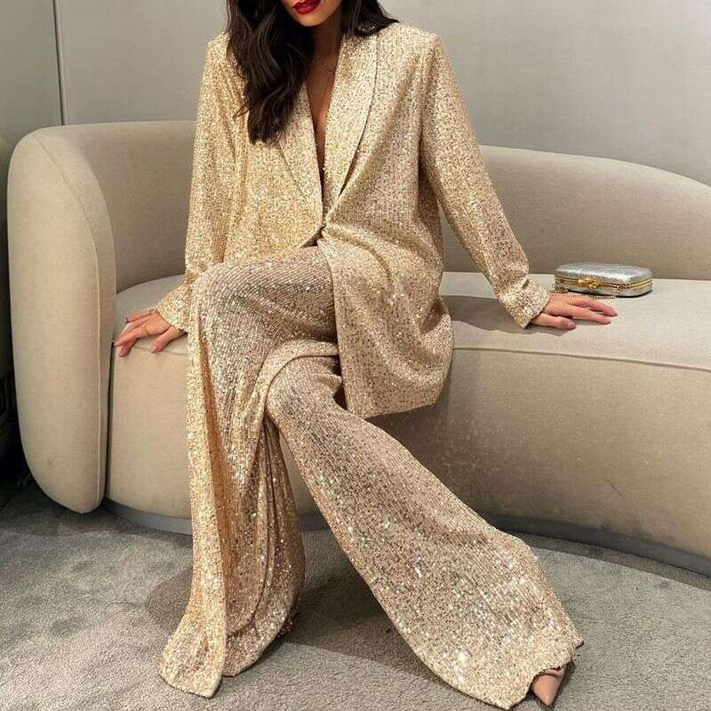 2025 Fashionable Casual Women's Sequin Blazer Long Pants Two-piece Set for the Beach