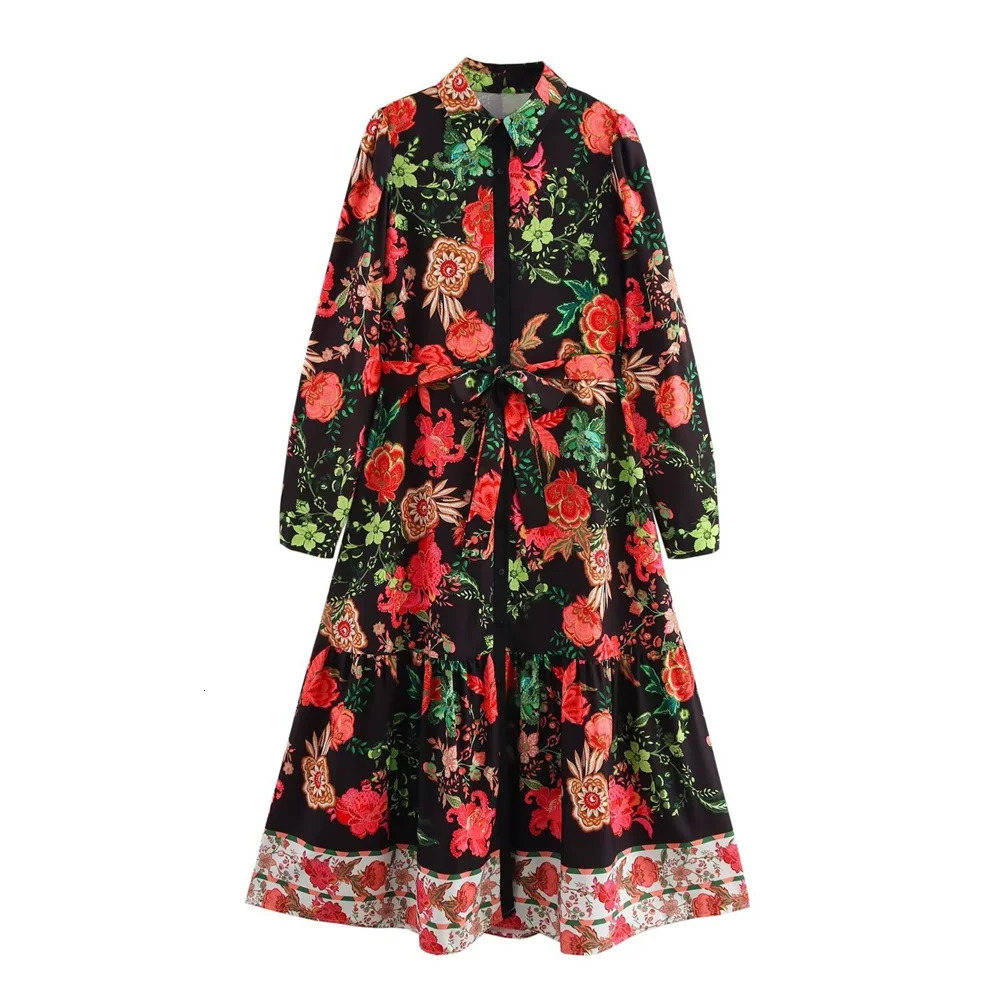PB ZA Womens Long Sleeve Black Midi Dress with Colorful Floral Printed Waist Belt and Lace Bottom n 250409