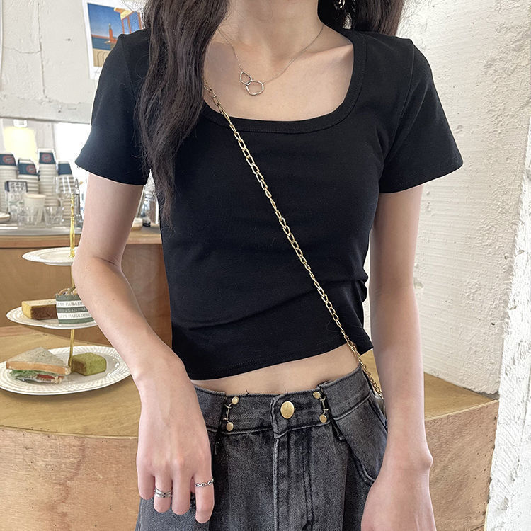 2025S Designer Women S T Shirt Summer T Shirt Women S Solid Color New High Waisted Slim Fit Spicy Girl Versatile Short Sleeved Square Neck Top Trend
