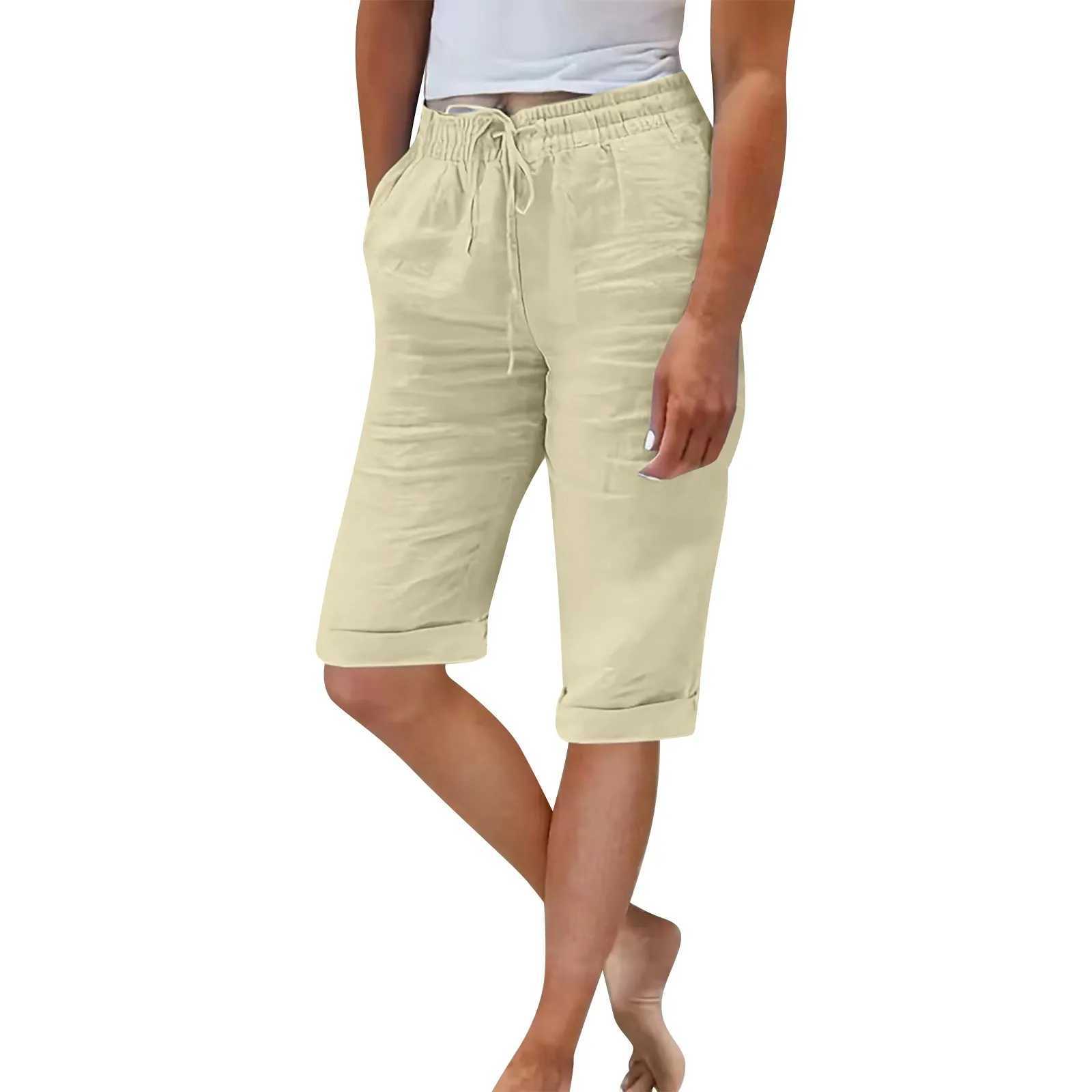 Womens summer elastic waist pocket solid color cotton linen wide leg pants womens loose pantsXJ250403