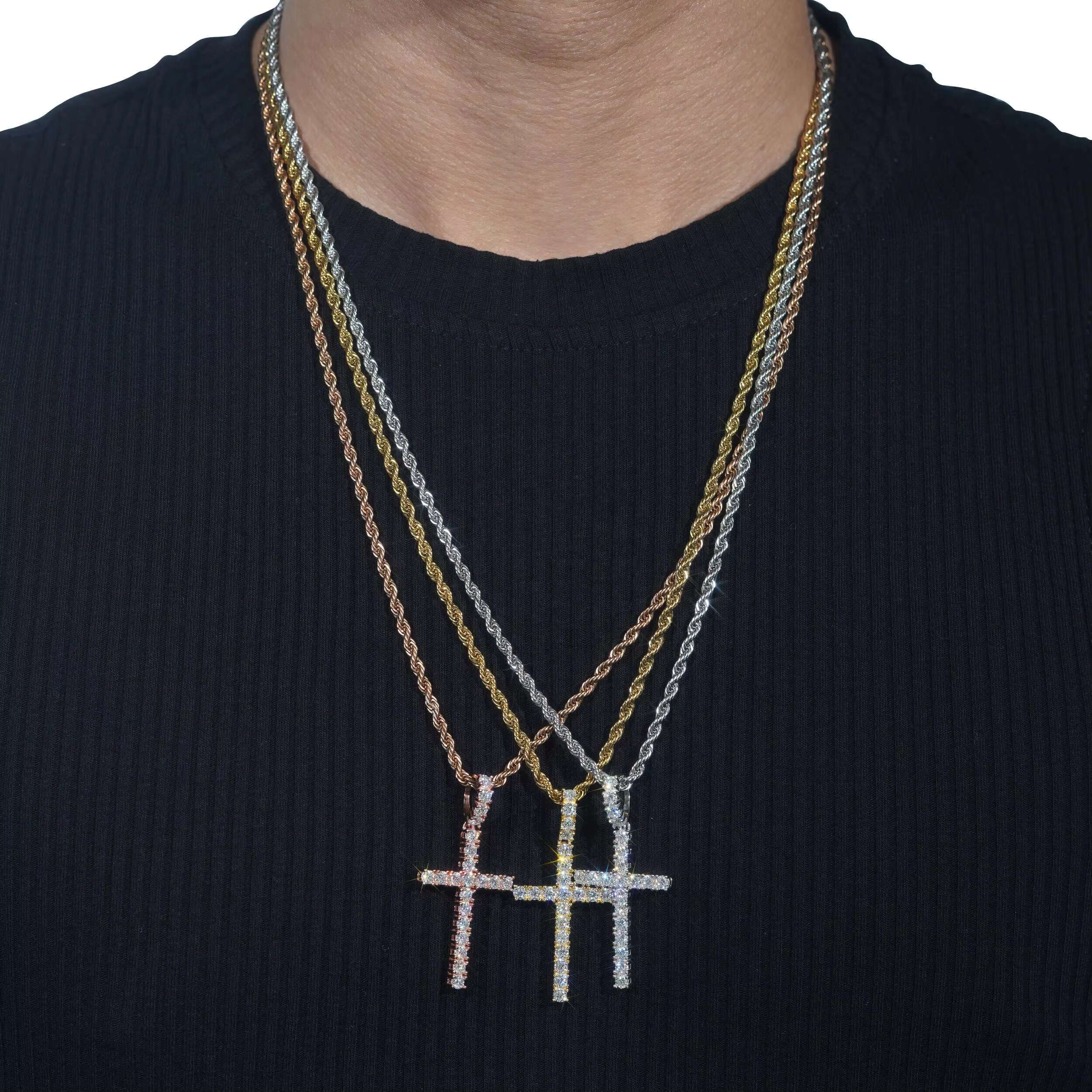 Stock Popular Jewelry 925 Sterling Silver Vvs Moissnaite Diamond Tennis Chain Cross Pendant Necklace