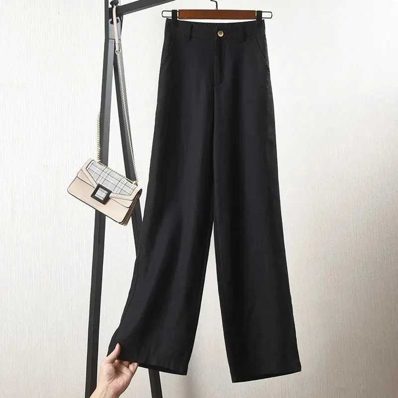 Womens cotton linen straight pants elastic high waist wide leg pants Fe spring summer solid color loose linen pantsXJ250403