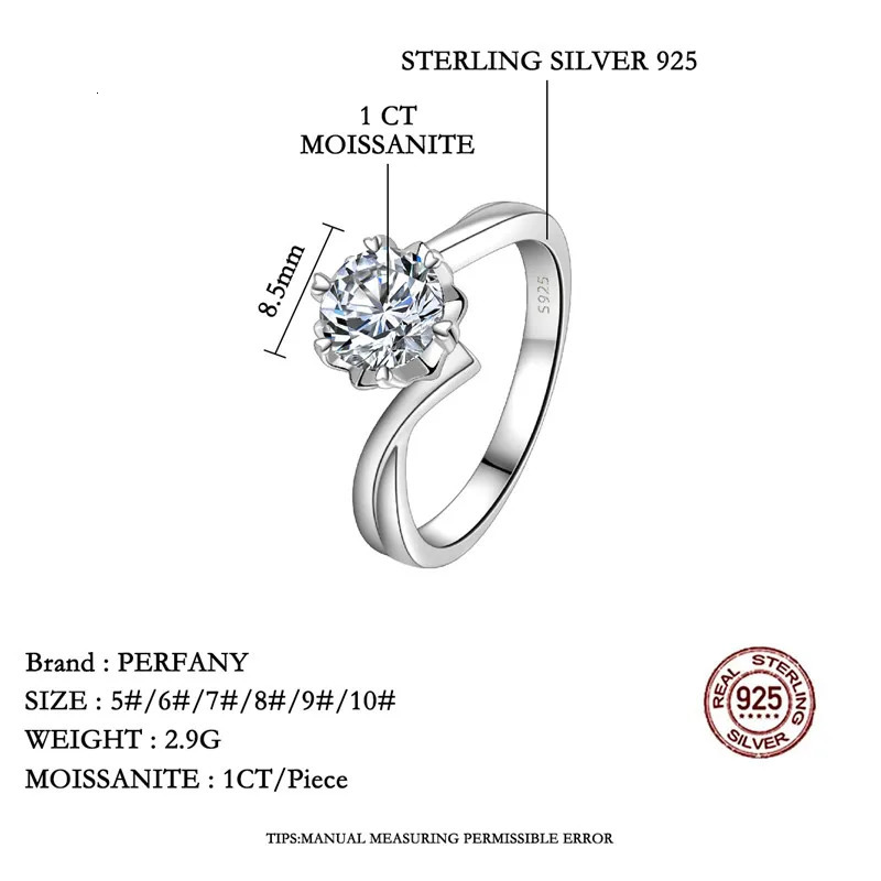 PERFANY 0.3-2CT Womens Ring S925 Pure Silver Snowflake Laboratory Diamond Wedding Ring Wedding Jewelry 250325