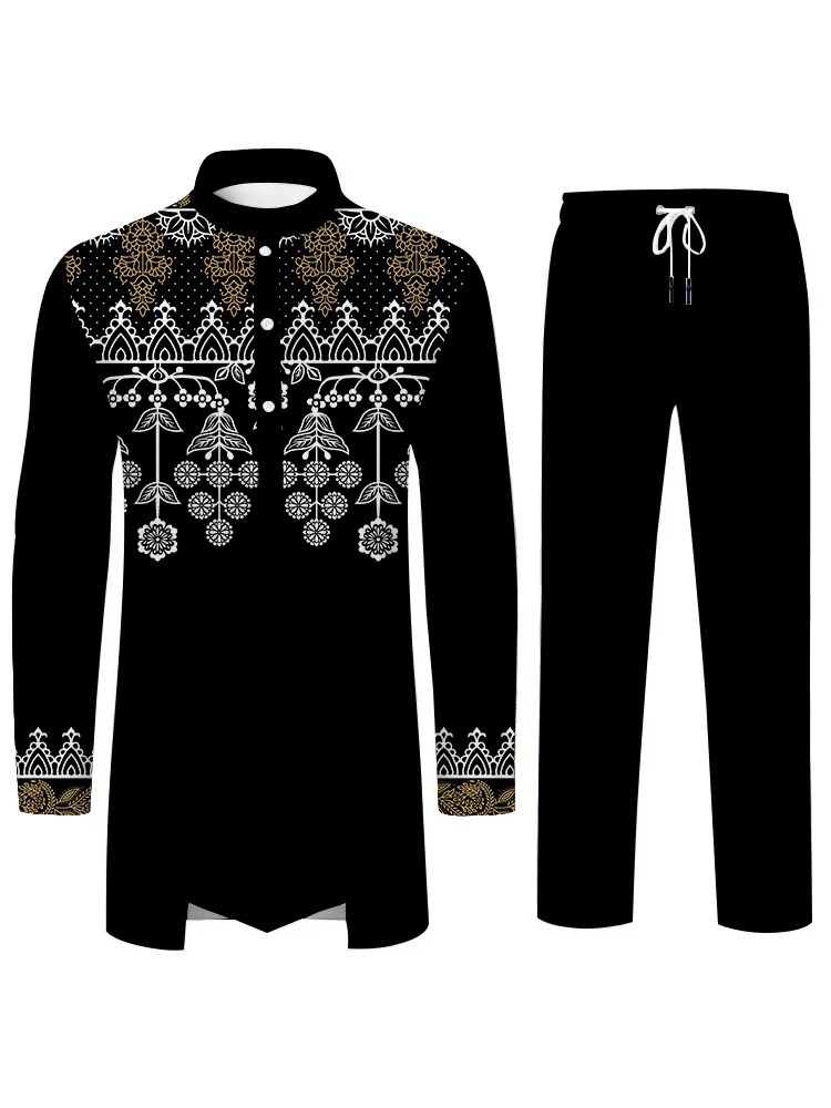 Muslim Culture Mens Casual Set Elegant 3D Printed Pattern Middle Eastern Islamic Dress Loose Breathable Clothing 250409
