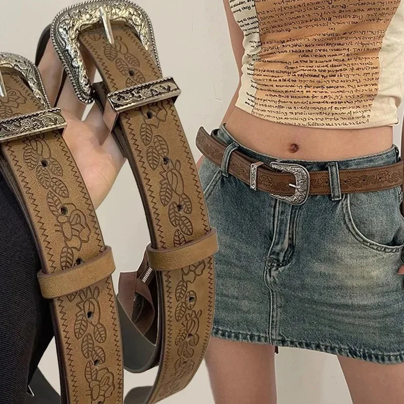 Y2K Pattern Print Belt Western PU Leather for Women er Metal Buckle Pin Waist Belt Girls Hip Hop Fashion Waistband 250409