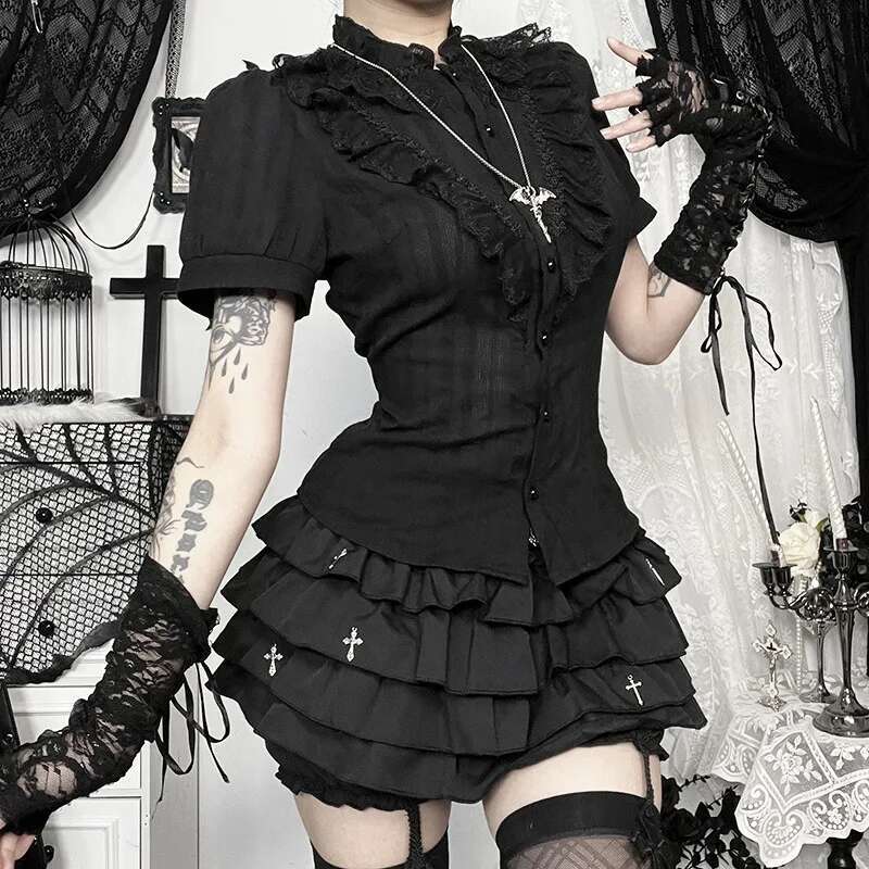 Sweet Lolita Cotton Shirts Women Vintage Gothic Black White Jacquard Short Sleeve Blouses Elegant Office Lady Y2k Tops