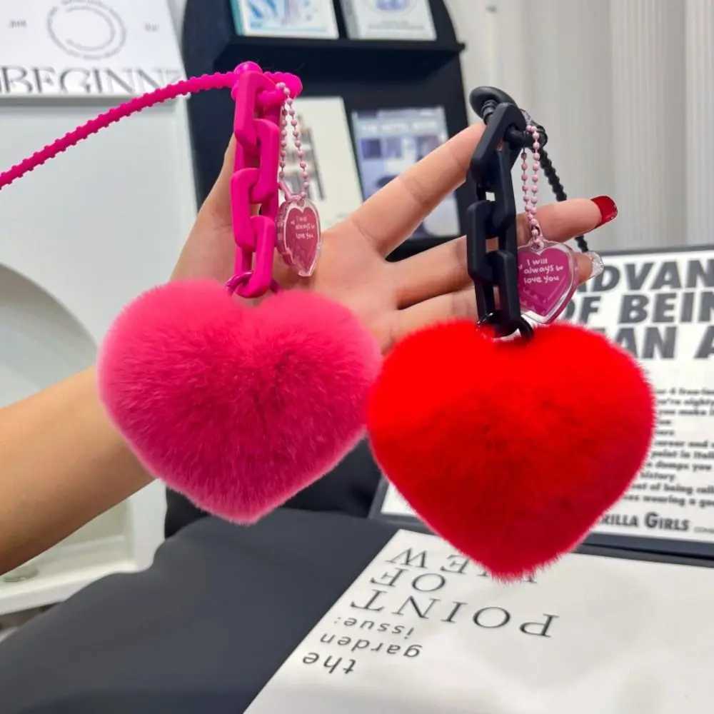 7cm natural fur heart-shaped ball charm keychain womens creative soft bag pendant cute plush toy keychain Valentines Day giftXJ250409