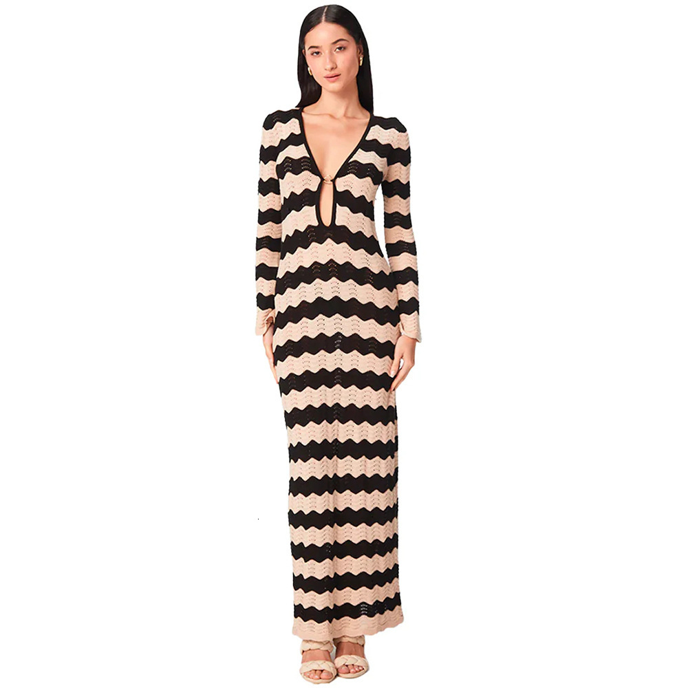 2025 New Beach Skirt Womens Striped Knitted Sexy Hollow Beach Swimsuit Hoodie Dress