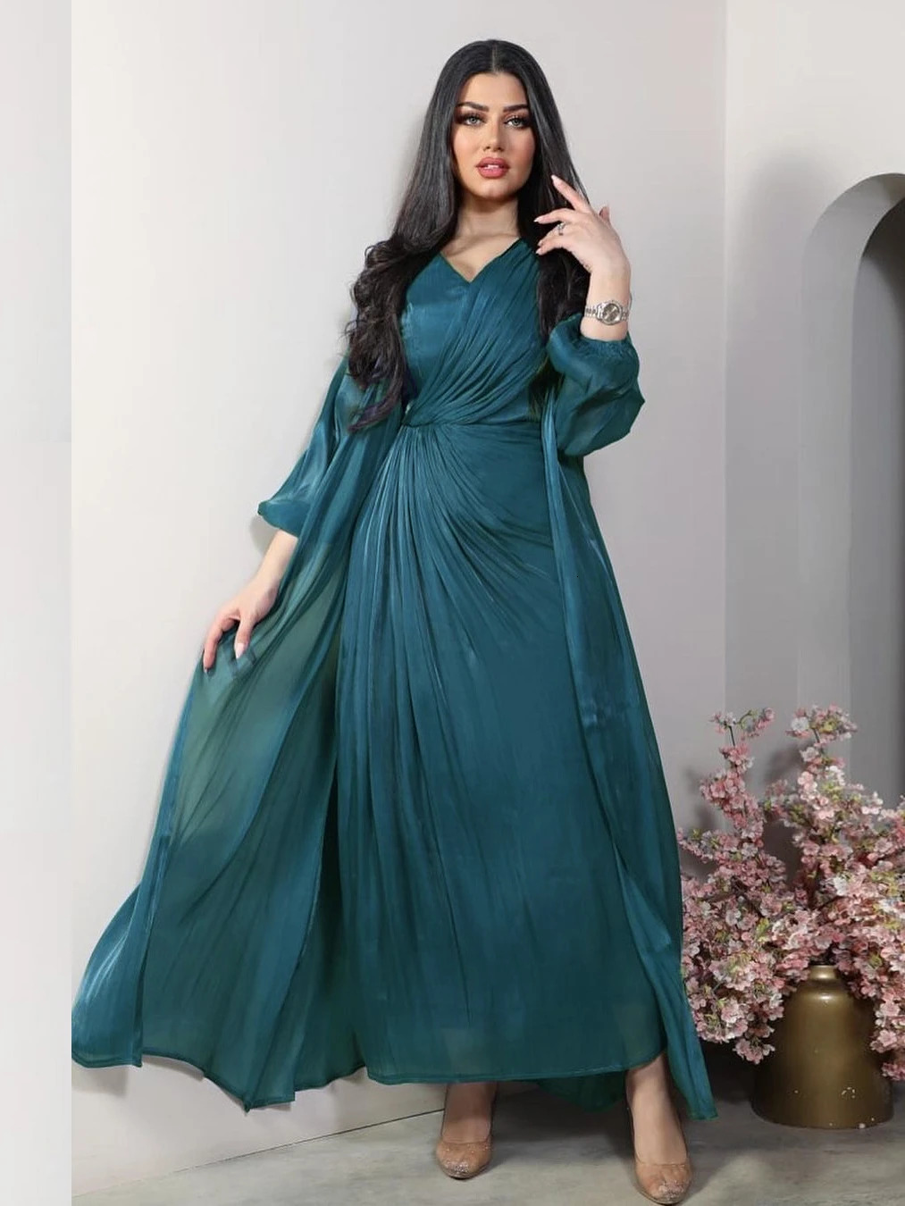 Moroccan Party Dress Womens Abaya 2piece Set Silk Satin Dubai Muslim Eid al Fitr Evening Long Vestdos Abayas 250409