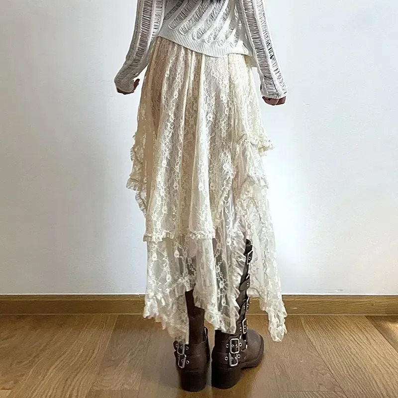 Lace Asymmetrical Skirt Fairycore Women Vintage Y2K Boho Aesthetic Fashion High Waist Mid Skirts Lady Holiday Outfits 250408