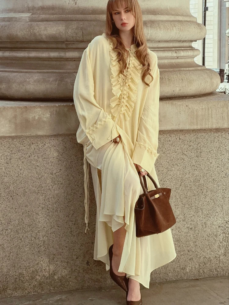Summer Yellow Tight Clothing Set Fashionable Womens Vneck Lace Top Ruffle Maxi Dress Loose Long Sleeve 2piece 250409