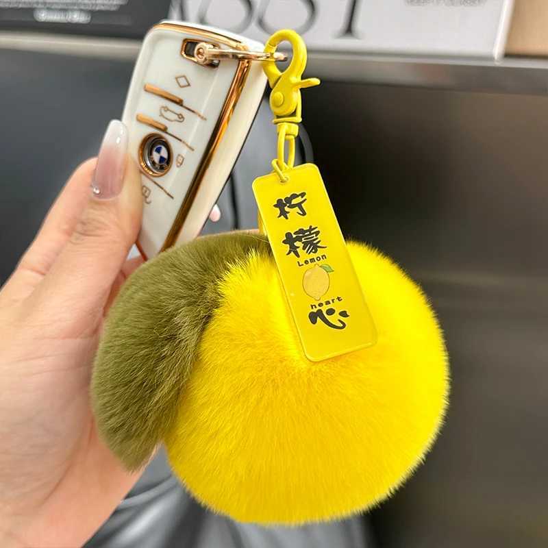New Fashion Lemon Fur Keychain Bag Pendant Car Keychain Girl Childrens Sofa Gift Soft Natural Rex Rabbit Fur Ball KeychainXJ250409