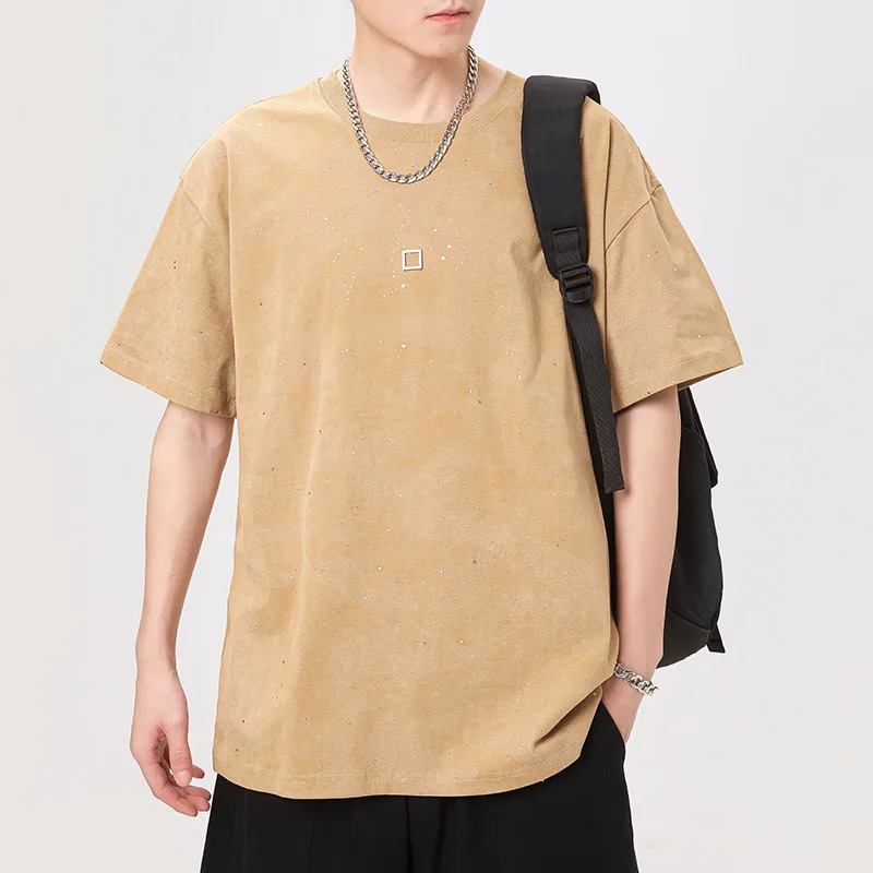 Washed tie dye sparkling diamond mens summer trendy short sleeved T-shirt knitted loose fashion street top 250408