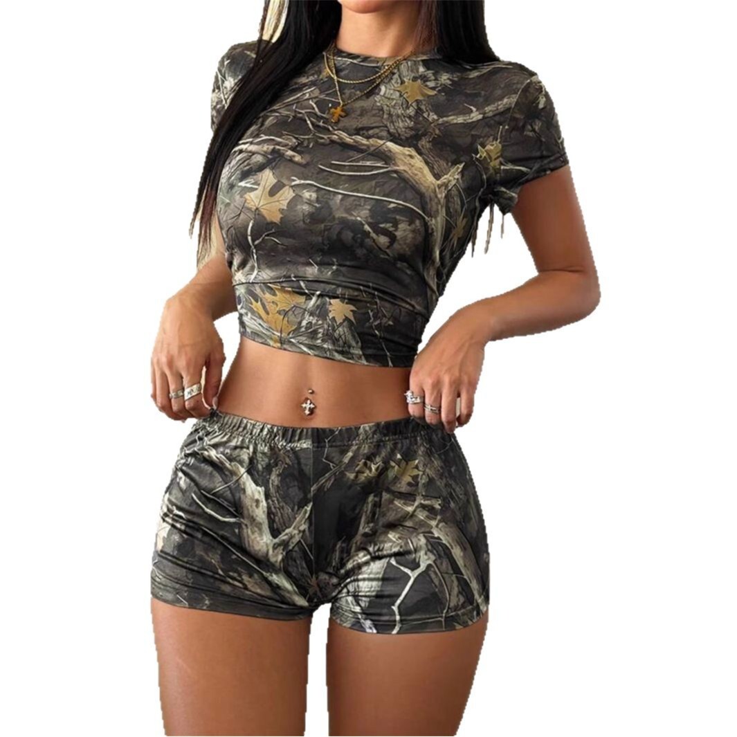 2025S Designer Women S Set Summer Maple Leaf Printed Umbilical Round Neck Short Sleeve Top With Waist Bag And Hip Shorts Set For Women